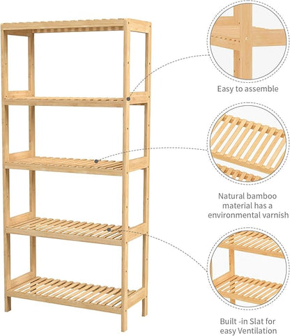 Bamboo Shelf,Bamboo Shelf Stand Utility Storage Shelf Multifunctional Bathroom Kitchen Living Room Holder Plant Flower Stand (5-Tier)