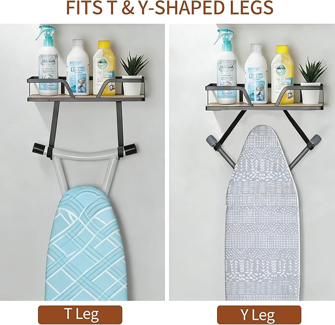 Over The Door & Wall Mount Ironing Board Hanger Wooden & Metal Laundry Room Organizer for Iron Steamer Pressing Accessories, Fits T-Leg Ironing Boards