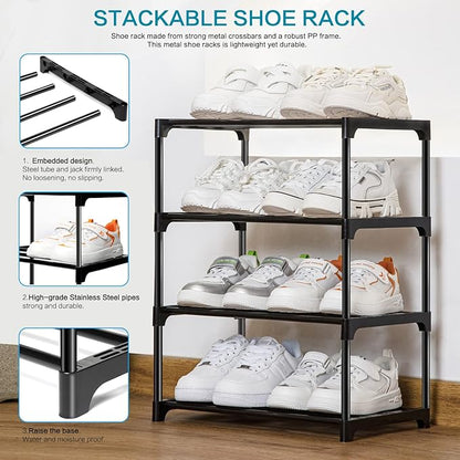 Stackable Small Shoe Rack for Closet 4 Tier, Sturdy Shoe Rack Organizer for Front Door Entrance and Entryway, Free Standing Metal Shoe Shelf Storage for Closet Bedroom Garage Black