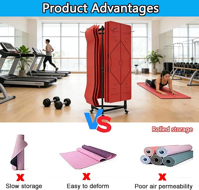 YTLEMON Yoga Mat Holder Hanging, Floor Rolling Yoga Mat cart, Large Capacity Storage Rack, with Includes Hole Punch, Metal Square Tube Storage Shelf for Home Gym,Fitness Club,Yoga Studio (Black B)