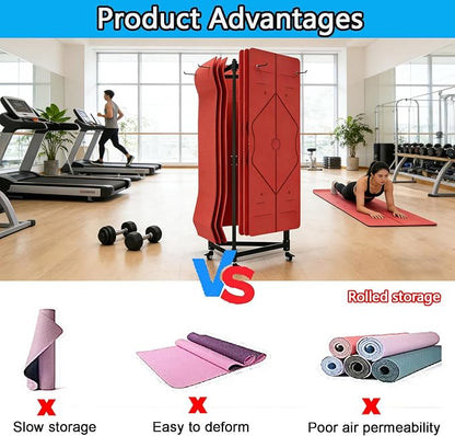 YTLEMON Yoga Mat Holder Hanging, Floor Rolling Yoga Mat cart, Large Capacity Storage Rack, with Includes Hole Punch, Metal Square Tube Storage Shelf for Home Gym,Fitness Club,Yoga Studio (Black B)