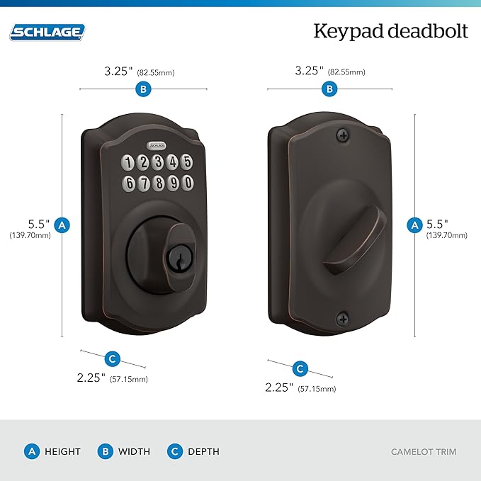 Schlage BE365 V CAM 716 Camelot Keypad Deadbolt, Electronic Keyless Entry Lock, Aged Bronze