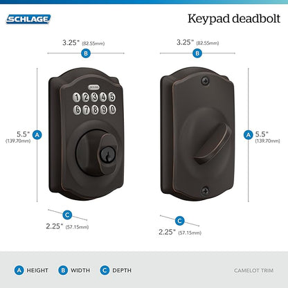 Schlage BE365 V CAM 716 Camelot Keypad Deadbolt, Electronic Keyless Entry Lock, Aged Bronze