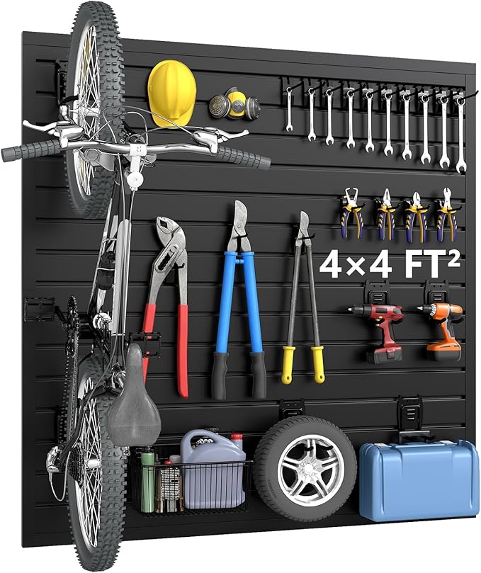 DoCred Slatwall Paneling Organizer, 4x4 FT PVC Garage Slat Wall Storage Systems, Heavy Duty Mounted Slat Peg Board for Tool Organization Ladder Bike Rack (Black)