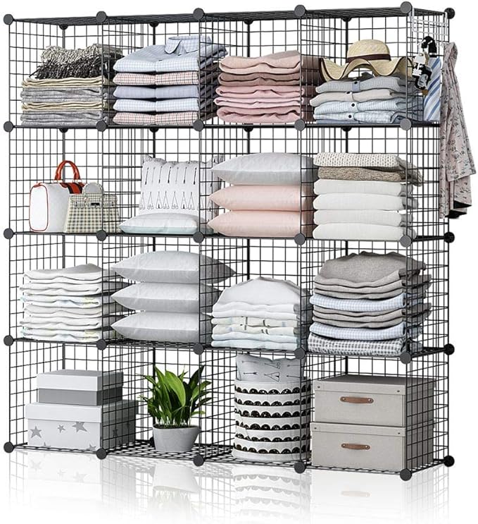 YOZO Wire Cube Storage Metal Closet Wardrobe Room Organizaion armoire Pantry Cabinet Book Shelf Organizer Rack MultiFuncation Cubby Shelving Unit, 16 Cubes, Black