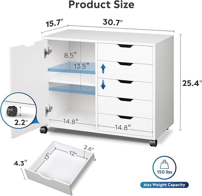 DEVAISE 5-Drawer Wood Drawer Cabinet, Office Storage Cabinet with Adjustable Shelf & Wheels, Printer Stand for Home Office, White