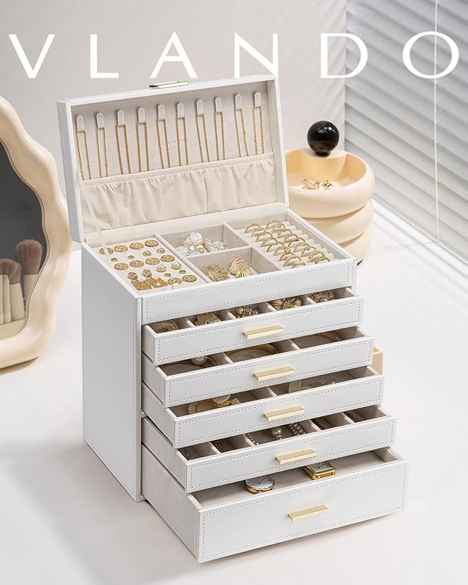 Vlando 6 Layer Large Jewelry Box - Jewelry Holder Organizer, Jewelry Box Organizer for Drawer Necklace Ring Bracelet and Watch, Birthday Gift for Loved Ones - Beige