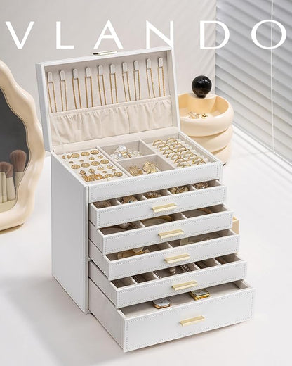 Vlando 6 Layer Large Jewelry Box - Jewelry Holder Organizer, Jewelry Box Organizer for Drawer Necklace Ring Bracelet and Watch, Birthday Gift for Loved Ones - Beige
