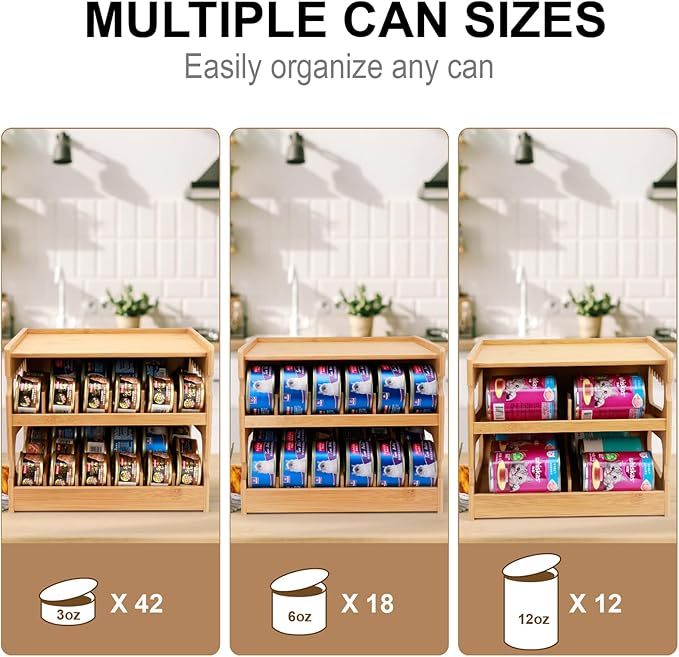 Bamboo Can Organizer for Pantry, 2 Tier Canned Cat Food Organizer for Kitchen Counter, Cat Food Storage Holds Up to 36 Cans, Can Rack Organizer for Human and Pet Food Cans, FlFO Design
