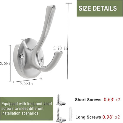Brushed Nickel Robe Hooks Towel Hooks, 3 Pack Coat Hook Heavy Duty Mudroom Hook Double Bathrobe Hook Wall Mounted, Hat Hooks for Entryway Bathroom Kitchen Closet
