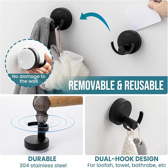 TAILI 304 Stainless Steel Bathroom Suction Hooks for Towel, Bathrobe, Loofah, Patented Strong Suction Cup Holder, No Damage Hanging Glass Shower Wall Hook, Double-Hook Sleek Design, 2 Pack, Black