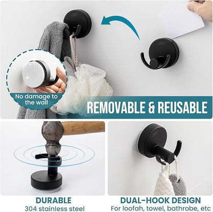 TAILI 304 Stainless Steel Bathroom Suction Hooks for Towel, Bathrobe, Loofah, Patented Strong Suction Cup Holder, No Damage Hanging Glass Shower Wall Hook, Double-Hook Sleek Design, 2 Pack, Black