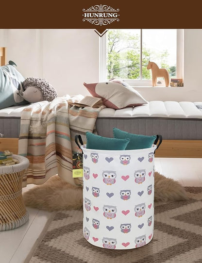HUNRUNG Laundry Hamper,Large Canvas Fabric Lightweight Storage Basket Toy Organizer Dirty Clothes Collapsible Waterproof for College Dorms（Round-Love Owl）