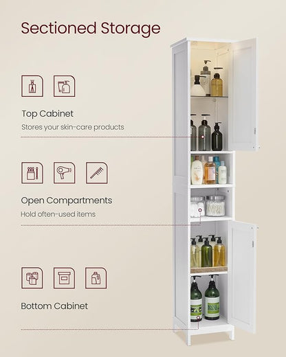 VASAGLE Tall Storage Cabinet with Lights, Slim Freestanding Cabinet with Adjustable Shelves, for Small Spaces, Bathroom, Living Room, Modern, 11.8 Inches Wide, Cloud White UBBC566W02V1