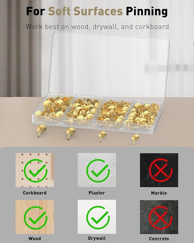 Uniclife 100 Pcs Picture Hangers, Picture Hanging Kit, 4 Size Picture Hanging Hooks, Picture Hanging Nails, Long Picture Hooks for Photo Frame Art Mirror and Décor, Gold