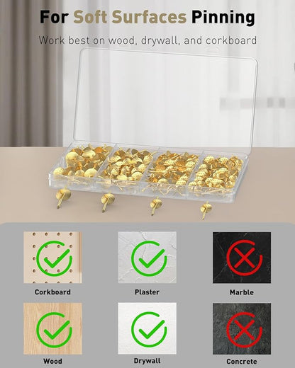 Uniclife 100 Pcs Picture Hangers, Picture Hanging Kit, 4 Size Picture Hanging Hooks, Picture Hanging Nails, Long Picture Hooks for Photo Frame Art Mirror and Décor, Gold