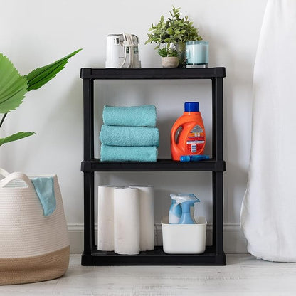 IRIS USA 3-Shelf Light Duty Plastic Storage Shelves, 150lb Capacity, 33" H x 24" W x 12" D, Medium Modular Shelving Unit Storage Organizer for Bathroom, Laundry, Garage & Home, Storage Rack - Black