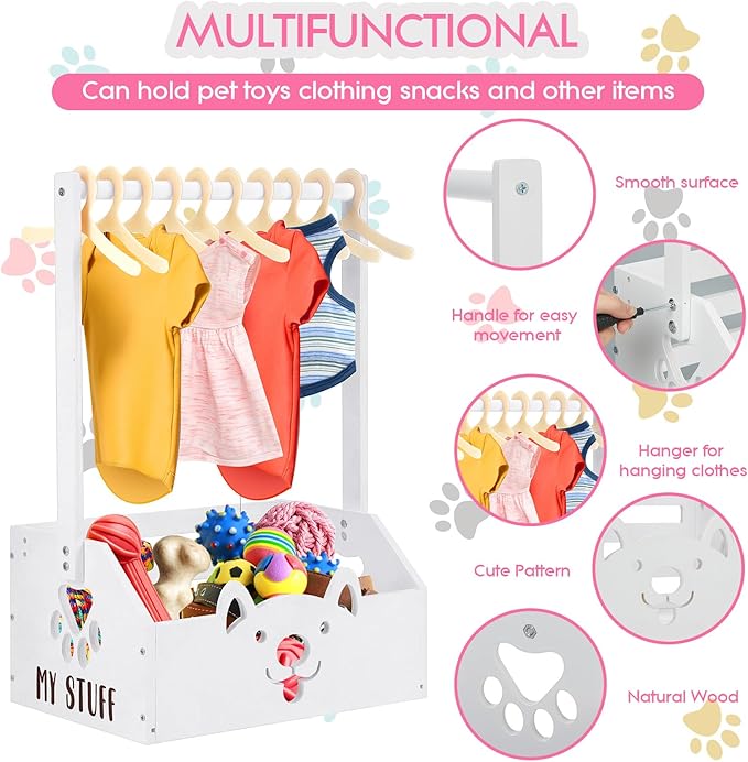 Chunful Dog Closet Wooden Pet Wardrobe Closet Dog Toy Storage Bin with Handle Pet Clothes Rack for Cat Organization and Storage Accessories, 19" x 13" x 9" (White)