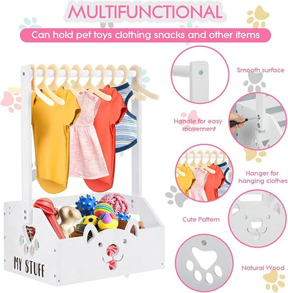 Chunful Dog Closet Wooden Pet Wardrobe Closet Dog Toy Storage Bin with Handle Pet Clothes Rack for Cat Organization and Storage Accessories, 19" x 13" x 9" (White)