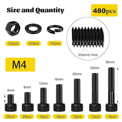 480PCS M4 Screws Assortment Kit, M4x6/8/12/16/20/30 mm Hex Socket Head Cap Bolts, Nuts & Washers Set, 12.9 Grade Alloy Steel Black Zinc Plated M4 Screw Assorted Kit for 3D Printer, DIY, Repairs