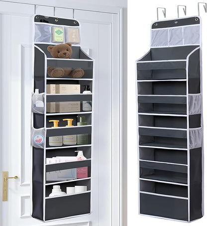 Over The Door Organizer 6 Tier with 12 Pockets & Reinforced Hooks - 59" Hanging Storage Organizer for Bathroom, Nursery, Pantry & Laundry (Deep Grey)