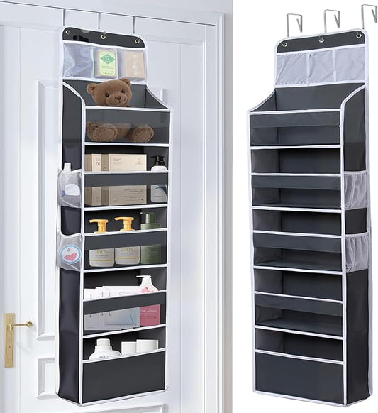 Over The Door Organizer 6 Tier with 12 Pockets & Reinforced Hooks - 59" Hanging Storage Organizer for Bathroom, Nursery, Pantry & Laundry (Deep Grey)