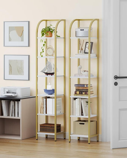 Bookshelf Bookcase Narrow Bookcase Shelf Organizer with Steel Frame for Study Living Room Bedroom Kitchen Home Office Industrial Bookshelf 6-Tier White Gold BC56013A