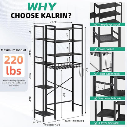8-Tier Over The Toilet Storage with Side Rack, Over Toilet Storage Rack with Adjustable Shelf & Drain Basket, Freestanding Bathroom Organizer for Balcony, Laundry (Pure Black)