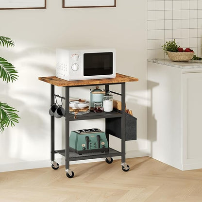 3-Tier Printer Stand, Rolling Printer Table on Wheels, Industrial Storage Stand with Side Pocket, Wooden Tabletop, 2 S-Shaped Hooks, for Home Office, Rustic Brown and Black PTHR2501