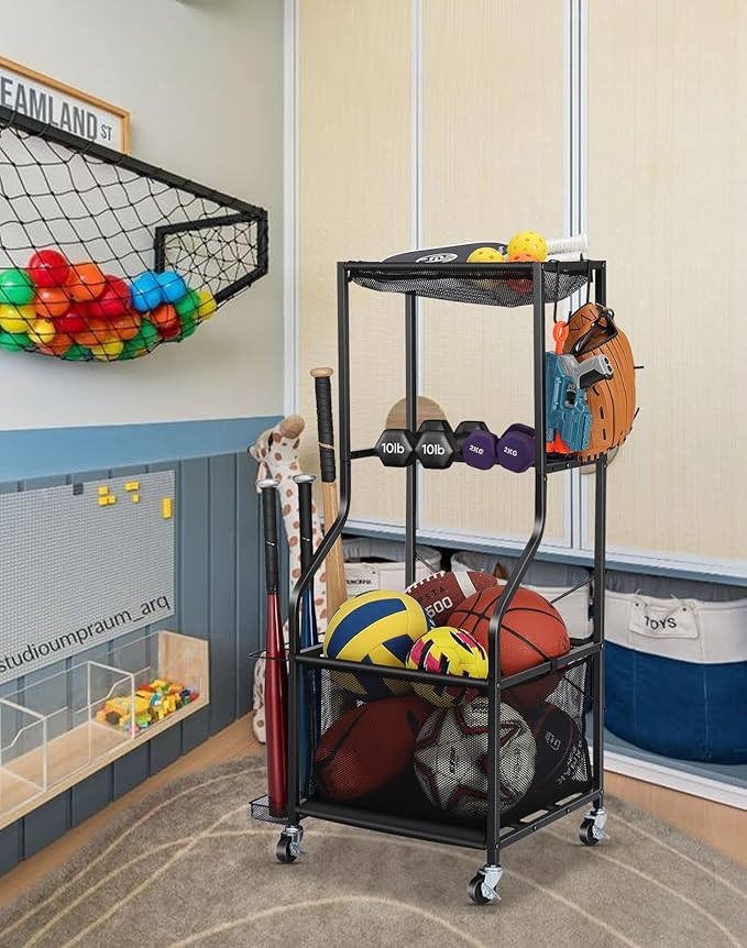 Sports Equipment Garage Organizer - Rolling Ball Storage with wheels, 3-Tier Sports gear Storage Rack Indoor & Outdoor Balls Cart with Hooks for Home, Garage (Black)