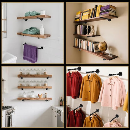 Industrial Pipe Clothing Rack 12 Inch 4 Pack, Closet Rod for Hanging Clothes, Wall Mounted Clothes Rack Heavy Duty Metal Shelving Brackets Vintage Rustic Garment Hanger