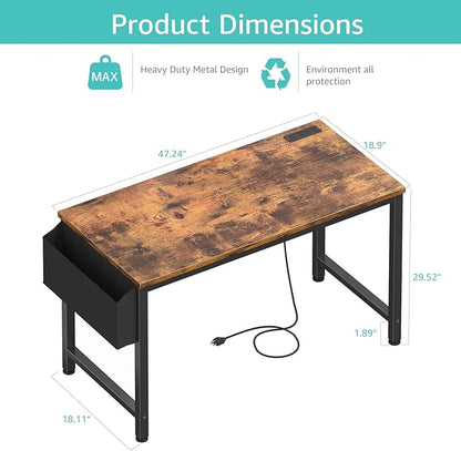 Lufeiya Computer Desk with Power Outlet, 47 inch Teen Study Table Home Office Work Writing Gaming Desks with Charging Station Outlets Built in, Brown