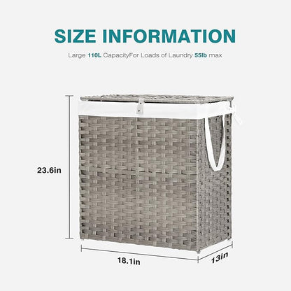 DUMOS Wicker Laundry Basket with Lid, 29.6 Gallon (112L) Woven Laundry Hamper with Handles, Foldable Rattan Clothes Hamper with Removable Liner & Sturdy Steel Frame, Dove Gray