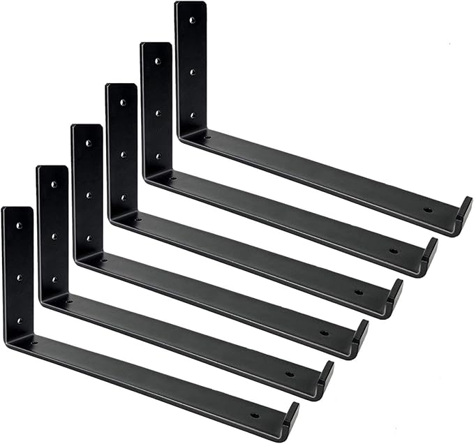 Shelf Brackets 12 Inch, Heavy Duty Black Metal Floating Shelf Bracket, Rustic Farmhouse Decorative Iron L Bracket with Lip/Hook, J Brackets Wall Angel Corner Brace for Wood Shelves - 6 Pack