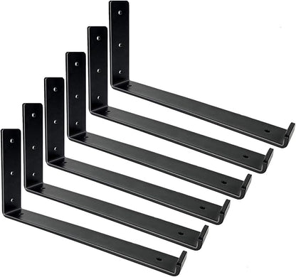 Shelf Brackets 12 Inch, Heavy Duty Black Metal Floating Shelf Bracket, Rustic Farmhouse Decorative Iron L Bracket with Lip/Hook, J Brackets Wall Angel Corner Brace for Wood Shelves - 6 Pack