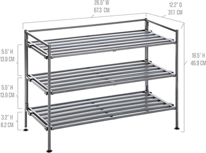 Seville Classics Sturdy Freestanding Storage Shelf for Bedroom, Closet, Entryway, Dorm Room Organizer Stackable Durable Metal Shoe Rack Ash Gray Slat, 3-Tier