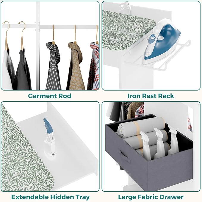 Rolling Ironing Board with Storage Cabinet, Wooden Ironing Board Cabinet with Drawer, Compact Space-Saving Ironing Table with Iron Rest Rack for Laundry Room, Living Room (One Size, Leaf)