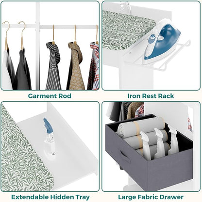 Rolling Ironing Board with Storage Cabinet, Wooden Ironing Board Cabinet with Drawer, Compact Space-Saving Ironing Table with Iron Rest Rack for Laundry Room, Living Room (One Size, Leaf)