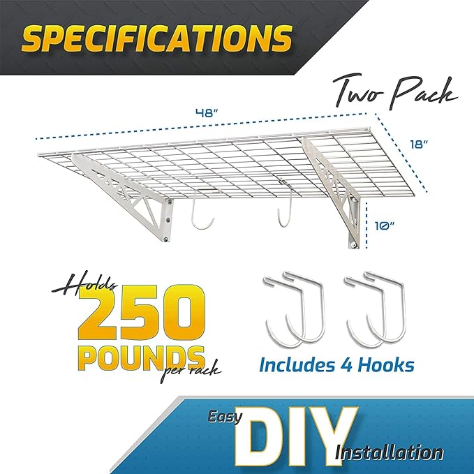 MonsterRax | Garage Wall Shelf Two-Pack White or Hammertone | Three Size Options | Includes Bike Hooks | 500lb Weight Capacity (White, 24"x48")