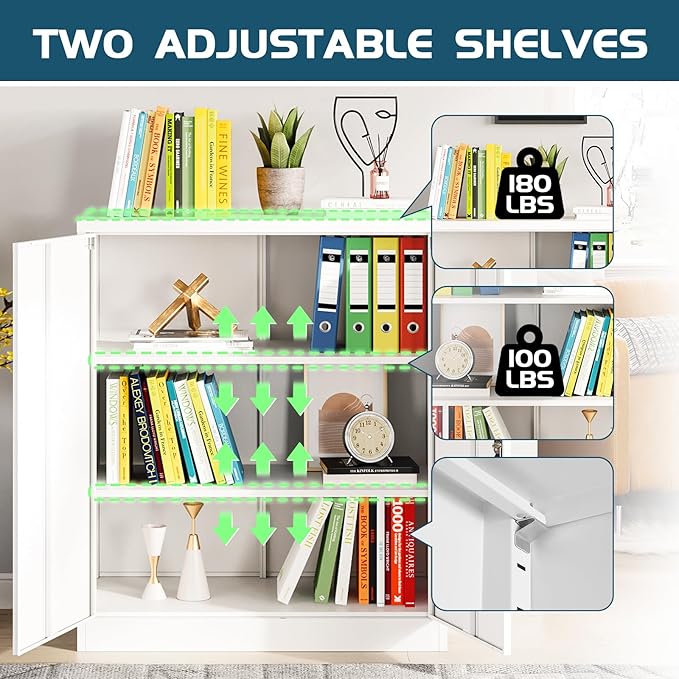 MIIIKO Lockable Storage Cabinet, Small Metal Garage Cabinet with Doors and Shelves, 35.4" Height Base Locker Cabinets 2 Doors