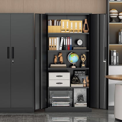 72” Metal Storage Cabinet, Lockable File Cabinets with 2 Doors and 4 Adjustable Shelves, Steel Tool Cabinets with Lock for Office, Home, Gym, Black-Small