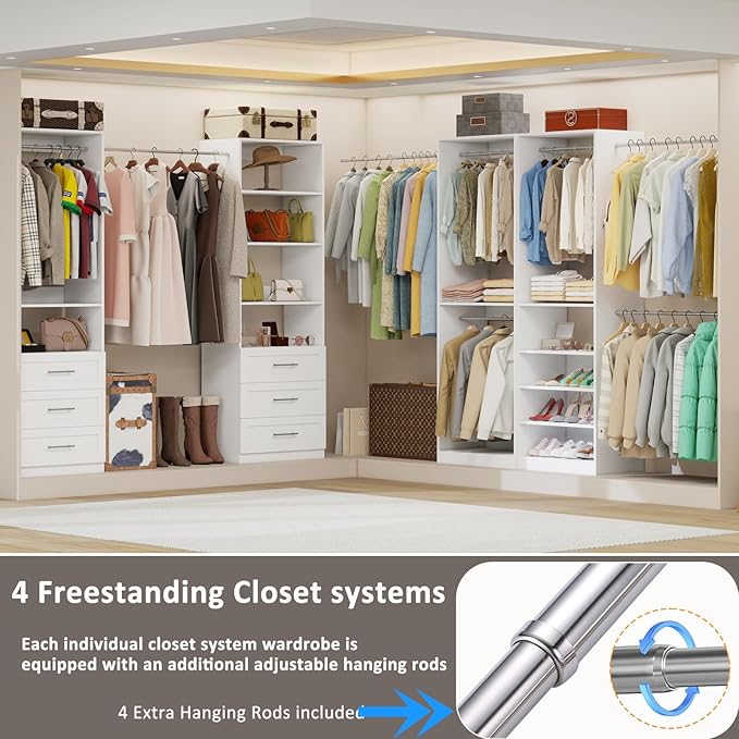 8FT Modular Closet System with 6 Drawers, Walk-in Closet Organizer System with 8 Expandable Hanging Rods & Adjustable Shelving Towers, Heavy Duty Wood Closet Storage for Bedroom, White(4 sets)