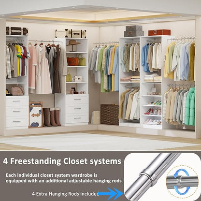 8FT Modular Closet System with 6 Drawers, Walk-in Closet Organizer System with 8 Expandable Hanging Rods & Adjustable Shelving Towers, Heavy Duty Wood Closet Storage for Bedroom, White(4 sets)