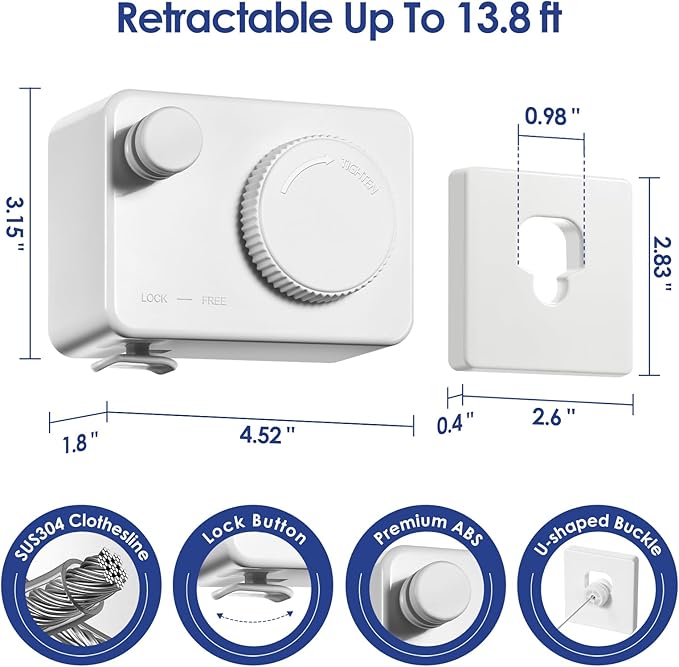 Retractable Clothesline Indoor, Non-Sagging Clothes Line Retracting Outdoors,13.8Ft Heavy Duty Clothes Drying Laundry Line, Wall Mounted Clothesline with 5pcs Hooks (RectangleWhite)