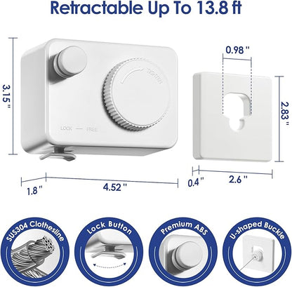 Retractable Clothesline Indoor, Non-Sagging Clothes Line Retracting Outdoors,13.8Ft Heavy Duty Clothes Drying Laundry Line, Wall Mounted Clothesline with 5pcs Hooks (RectangleWhite)