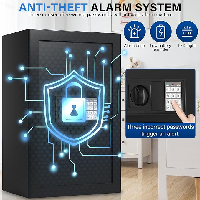 27.56 Inches Tall Safe Box, Home Safe with Fireproof Waterproof Bag, Anti-Theft Digital Security Lock Box with Smart Alert System, Removable Shelf, Mute Function, Document Safes for Jewelry