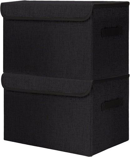 Large 42 Quarts Fabric Storage Bins with Lids [2-Pack] Linen Collapsible Foldable Storage Cubes, Closet Organizer Containers boxes with Handles for Home Office (16.7 x 12 x 12, Black)