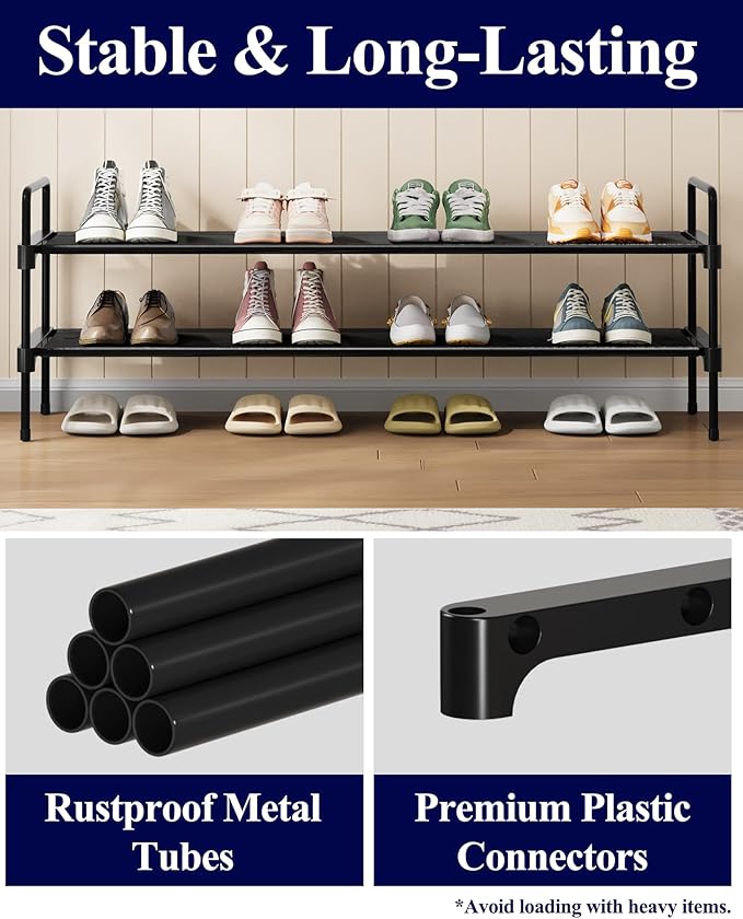 Kitsure Shoe Rack - 2-Tier Long Shoe Organizer with Handles & Non-Slip Feet, Rust-Resistant Metal Shoe Rack for Closet, Entryway, Bedroom, Living Room, 36.1" Wide - 2 Tiers, Black