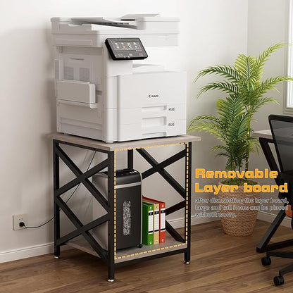 Large Printer Stand with Power Outlet, with Height Adjustable Storage Shelf, 3 Tier Rolling Printer Cart with Industrial Wheels, 23.6 x 23.6 Inches Printer Table for Home Office, Greige