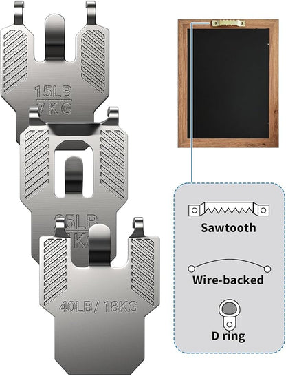 15 25 40 lb Drywall Picture Hangers Claw: 25 Pack Heavy Duty Damage Free Wall Picture Hanging Hooks - Art Mirror Photo Frame Sawtooth Wire D Ring Hanger Kit for Room Office Decor